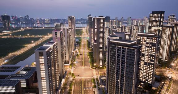 杭州亚运会亚运村城市建筑晚上亮灯夜景航拍