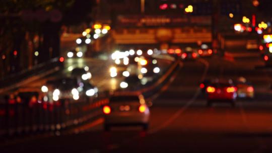 中国哈尔滨夜晚城市道路汽车交通虚化光斑