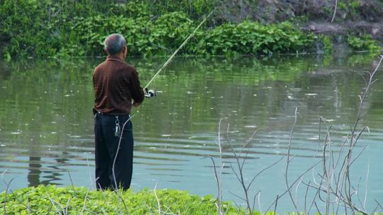 池塘边钓鱼的老人