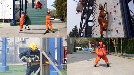 119消防员训练翻障碍板电锯切割铁门