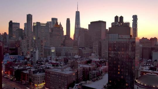 4K城市航拍纽约曼哈顿唐人街摩天大楼日出