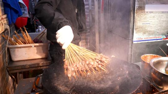 慢镜头升格城市街头美食小吃烹饪烧烤羊肉串