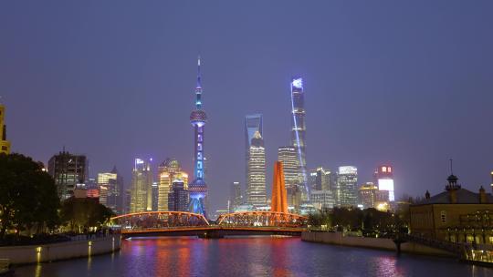 上海苏州河外白渡桥陆家嘴傍晚夜景4K视频素材模板下载