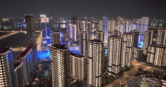 杭州亚运会亚运村城市建筑晚上亮灯夜景航拍