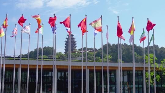 国际会议中心多国旗帜飘扬视频素材模板下载
