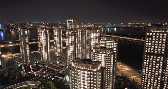 杭州亚运会亚运村城市建筑晚上亮灯夜景航拍