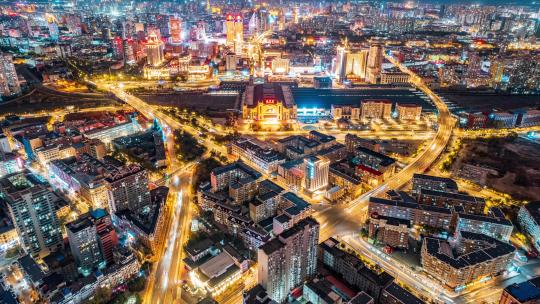 中国哈尔滨火车站城市夜景延时航拍