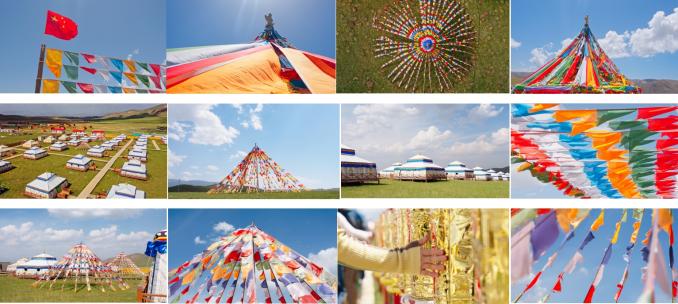 五彩经幡蒙古包藏族村落高清在线视频素材下载