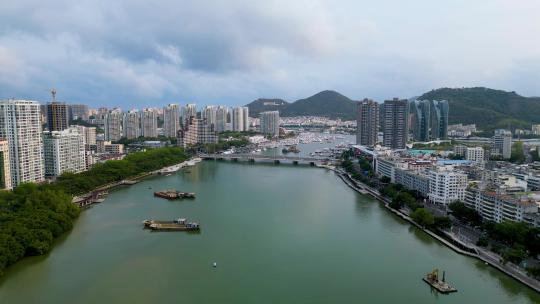 海南省三亚市三亚河航拍城市风光与建筑