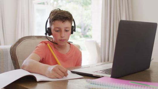 快乐的白人男孩在笔记本电脑上进行视频通话
