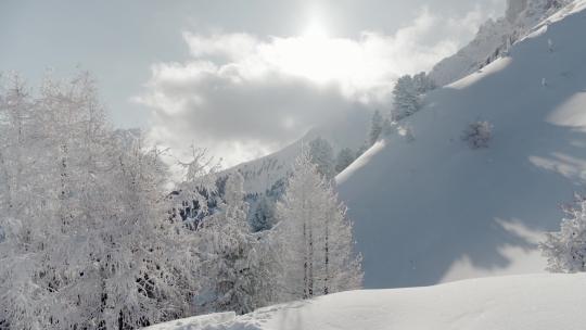 航拍雪山日出雪松阳光穿过云层山顶雪景