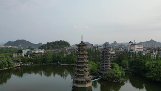 广西桂林日月双塔地标建筑航拍