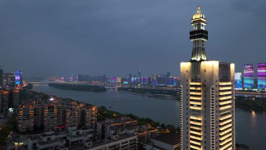 长沙湘江畔夜景航拍