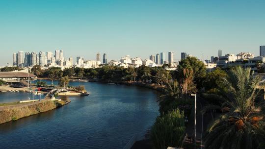 Yarkon Lake Tel Aviv City惊人的4k无人机拍摄