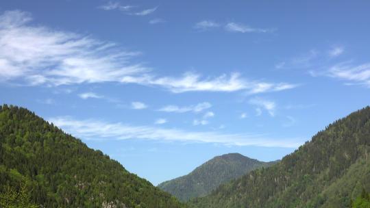 森林覆盖的大山谷上的部分卷云