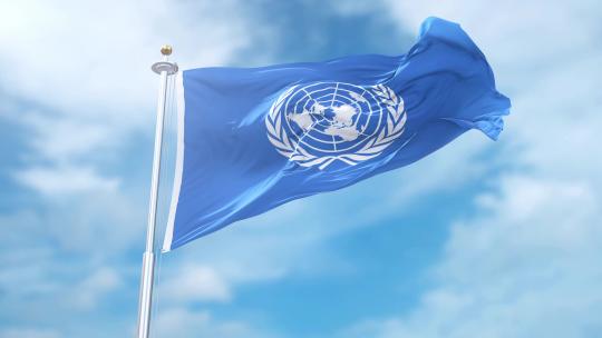 蓝天下联合国旗帜飘扬视频素材模板下载