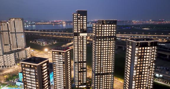 杭州亚运会亚运村城市建筑晚上亮灯夜景航拍