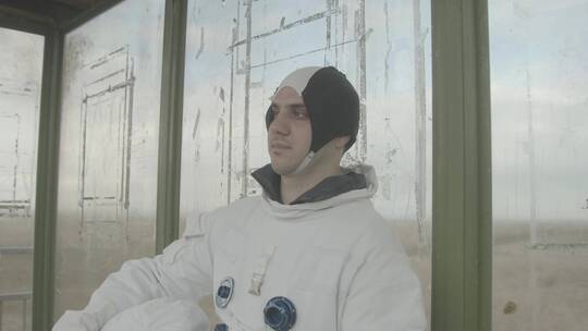 穿着宇航服的宇航员靠在窗户上