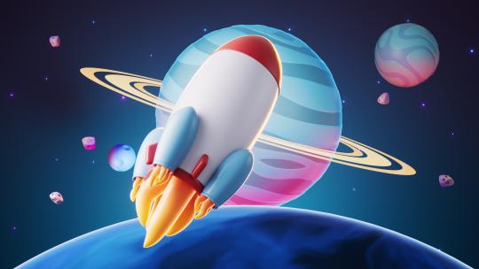 火箭与外太空卡通3D渲染