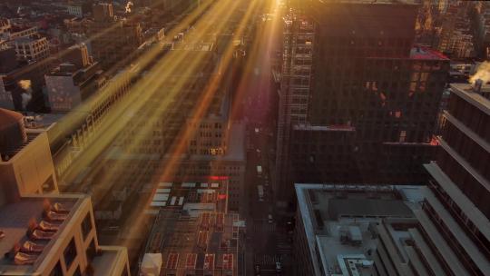 4K城市航拍纽约曼哈顿格林威治摩天大楼日出