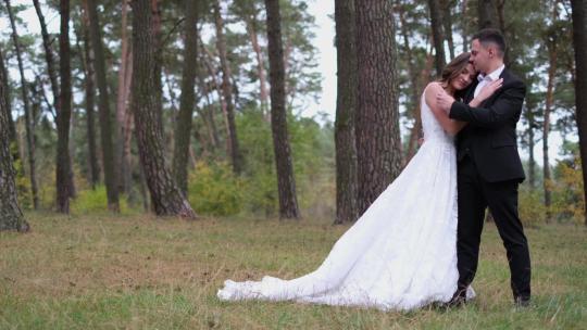 新郎在公园大树下拥抱新娘