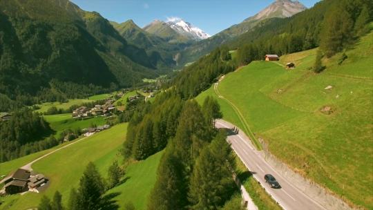 阿尔卑斯山风景如画的海利根布鲁特村，航拍镜头