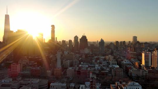 4K城市航拍纽约曼哈顿唐人街摩天大楼日出