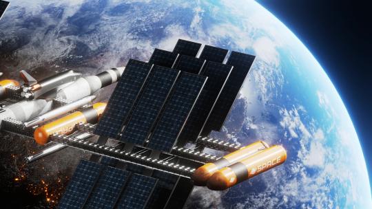航天太阳能电池板的空间站在地球上空运行