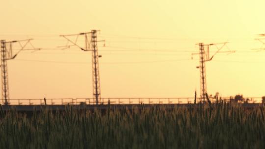 4K拍摄夕阳下飞在稻田上空的无人机