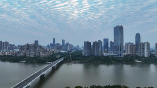 航拍广东东江江景惠州大桥地标建筑街景