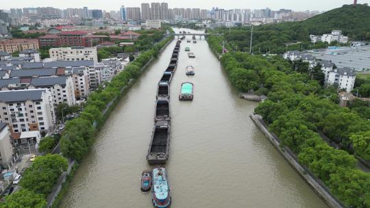 航拍京杭运河水运货船视频素材模板下载