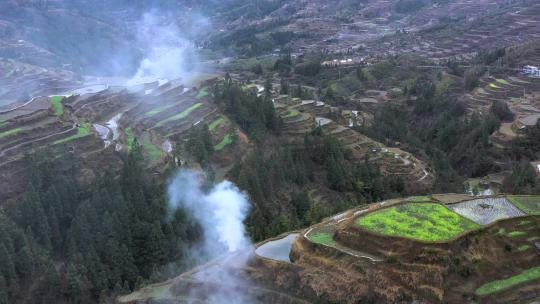 清晨田间炊烟寥寥