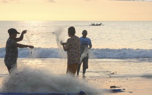 巴厘岛金巴兰海滩渔民收网