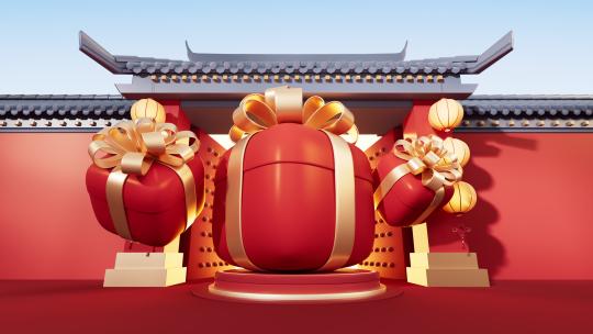中国风古风建筑与礼物盒3D渲染