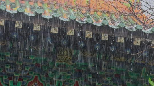 中式建筑屋檐雨滴雨天雨景