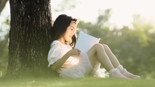 小女孩在阳光明媚的草地上看书【商用需购买