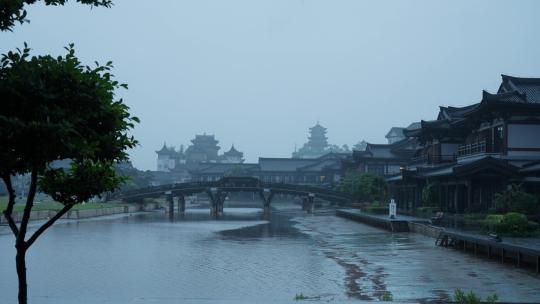 雨天的传统古建筑江南古风年年红红木小镇视频素材模板下载