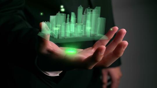 商人持有展示增强现实技术的3D城市模型视频素材模板下载