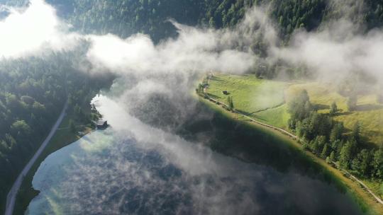 在清晨的雾中飞越森林，费尔琴湖，巴伐利亚
