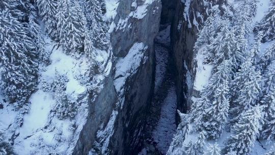 冬季峡谷中结冰河流的鸟瞰图视频素材模板下载