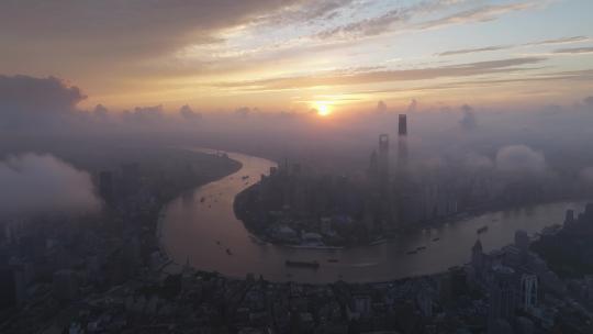 上海陆家嘴平流雾日出航拍