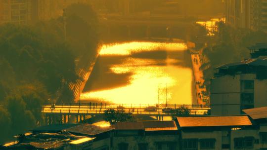 夕阳黄昏城市建筑小桥河流