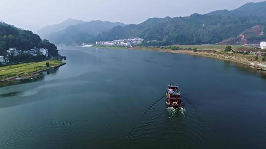 安徽皖南新安江山水画廊航拍旅游风光游船