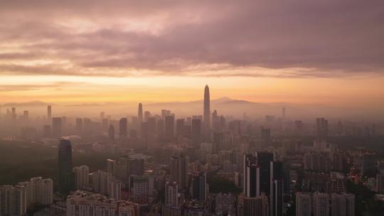 航拍日出耶稣光深圳城市大景