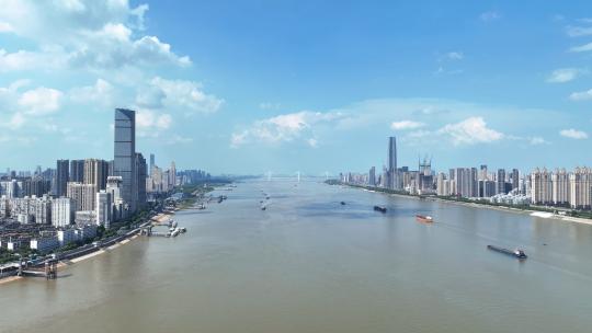 航拍武汉长江两岸江景地标天际线高楼群