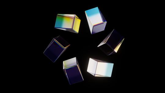 抽象多彩玻璃几何体与黑色背景3D渲染