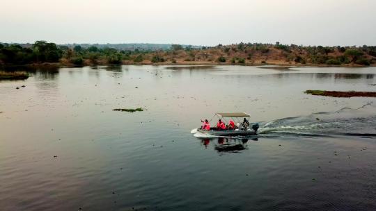 一群游客乘坐摩托艇在湖中巡游，进行动物观光之旅。-空中