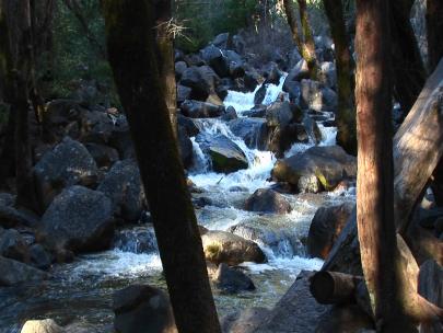 山间溪流中的水流从岩石上倾泻而下