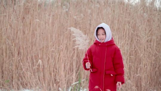 冬天在公园芦苇丛里玩雪的中国女孩形象