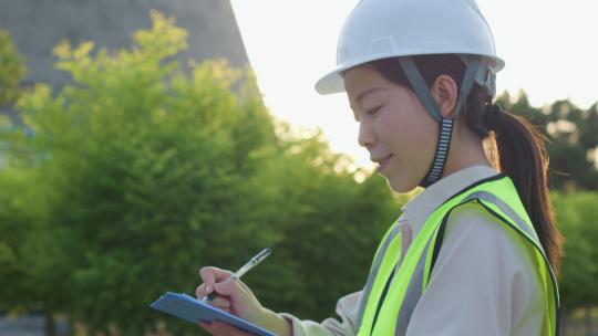 中国人女工程师戴建筑头盔工作记录